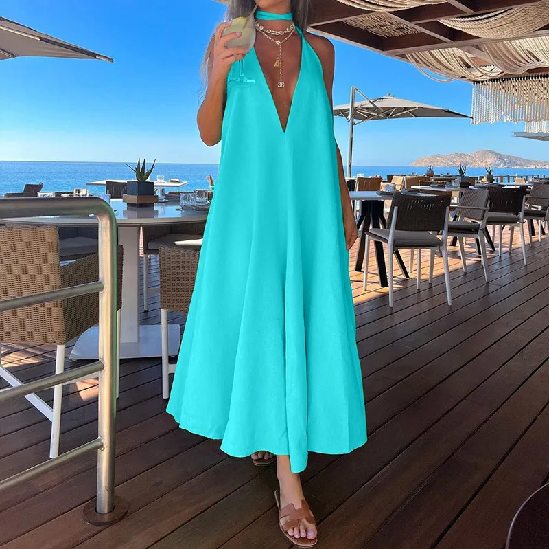 

Sleeveless Dress Beach Vacation Style Y2K Camis Beach Dress Women Solid Color and V-neck Lace-up Big Swing Long Dress