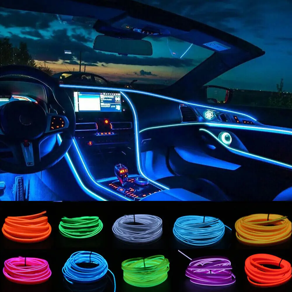 

2M Vehicle Car Interior Lighting LED Strip Decoration Wire Rope Tube Line Flexible Ambient Neon Light USB Cigarette Lighter Plug