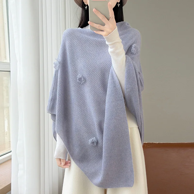 Hot selling 100% Australian wool women's shawl solid color knitted casual loose autumn and winter coat women's pullover shawl