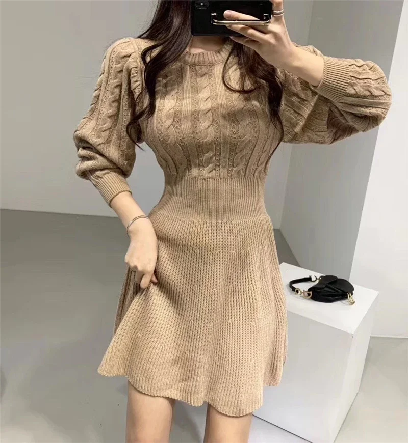 

Fashion Autumn and Winter Knitted Dress Female Twist Pattern Umbrella Pleated Elegant Thick Lantern Sleeve Mini Sweater Dress