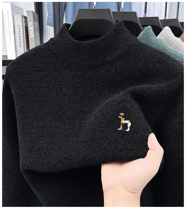 

Мужской толстый бархатный свитер с воротником до половины высоты и вышивкой, зима 2025 года, теплый и модный повседневный вязаный нижний свитер