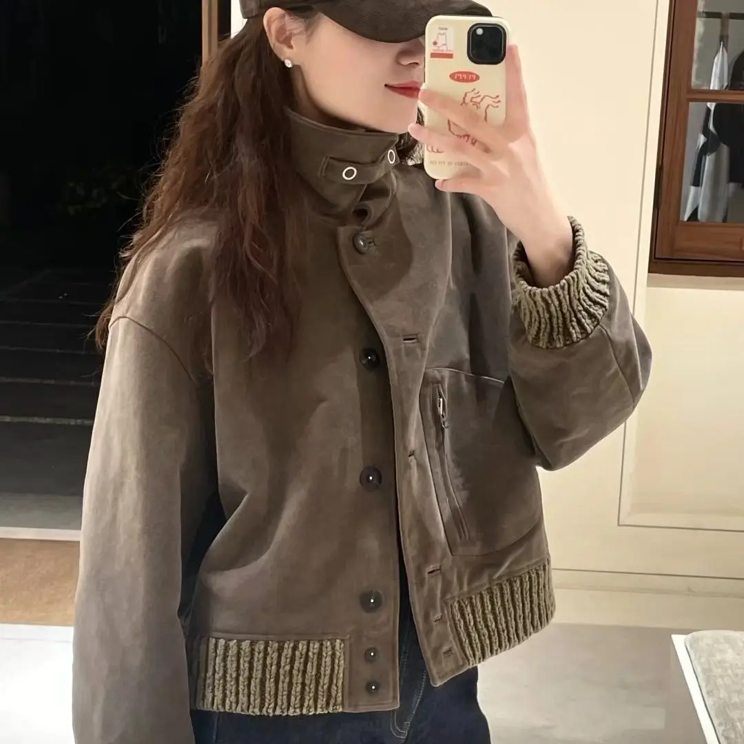 

Весенние женские куртки в клетку из овечьей шерсти, толщина, универсальная жаккардовая одежда, японская стирка, воротник-стойка, термокофейная лаванда