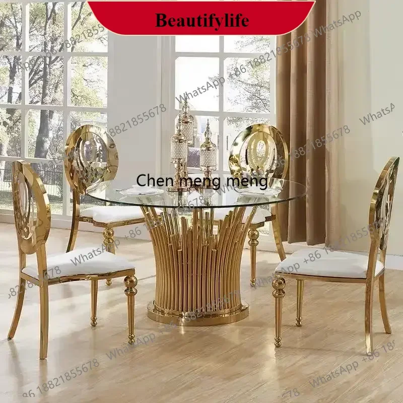 

M138Light luxury stainless steel gold dining chairs wedding banquet hall dining table and chairs