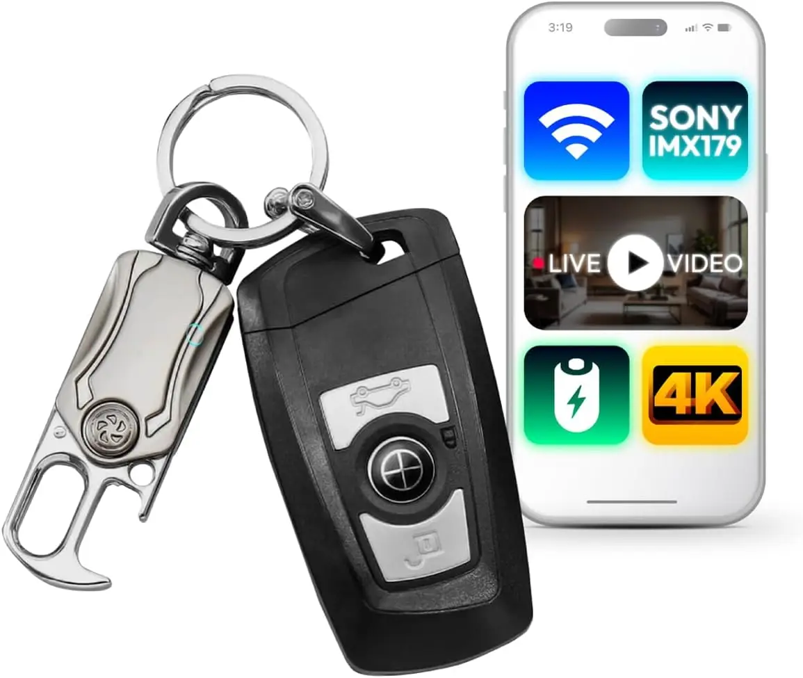 

4K Mini Camera Car Key with WiFi Live Streaming Keychain Nanny Cam 1080P HD Phone App One-Button Recording