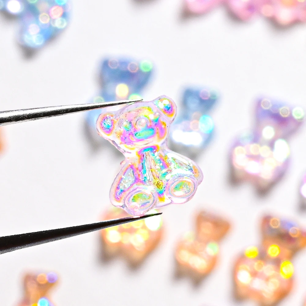 100Pcs Aurora Bear Nail Charms 7-9mm Transparent Resin Jewelry Parts 3D Kawaii Rainbow Bear Japan Nail Decoration Accessories%JL