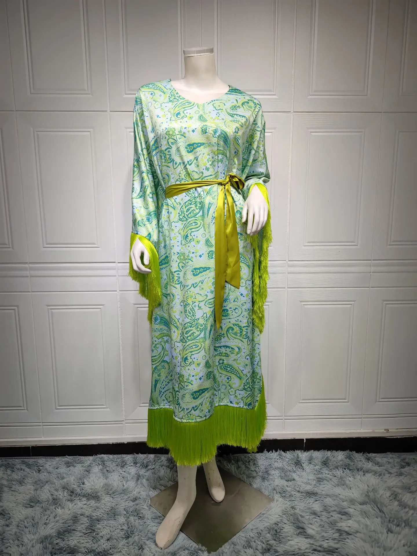 Robe verte à franges et manches chauve-souris, asie du sud-est, nouvelle mode musulmane pour femmes du moyen-orient, taille haute, ample