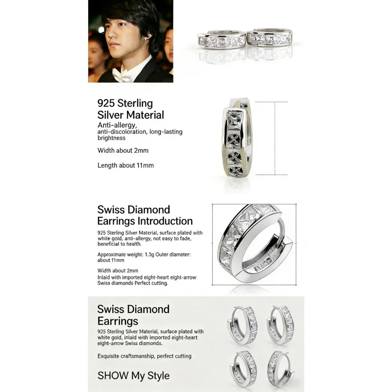 

New Stainless Steel Hoops Earrings for Men Silver Color Crystal Earring Man Punk Style Cubic Zirconia Jewelry Male Accessories