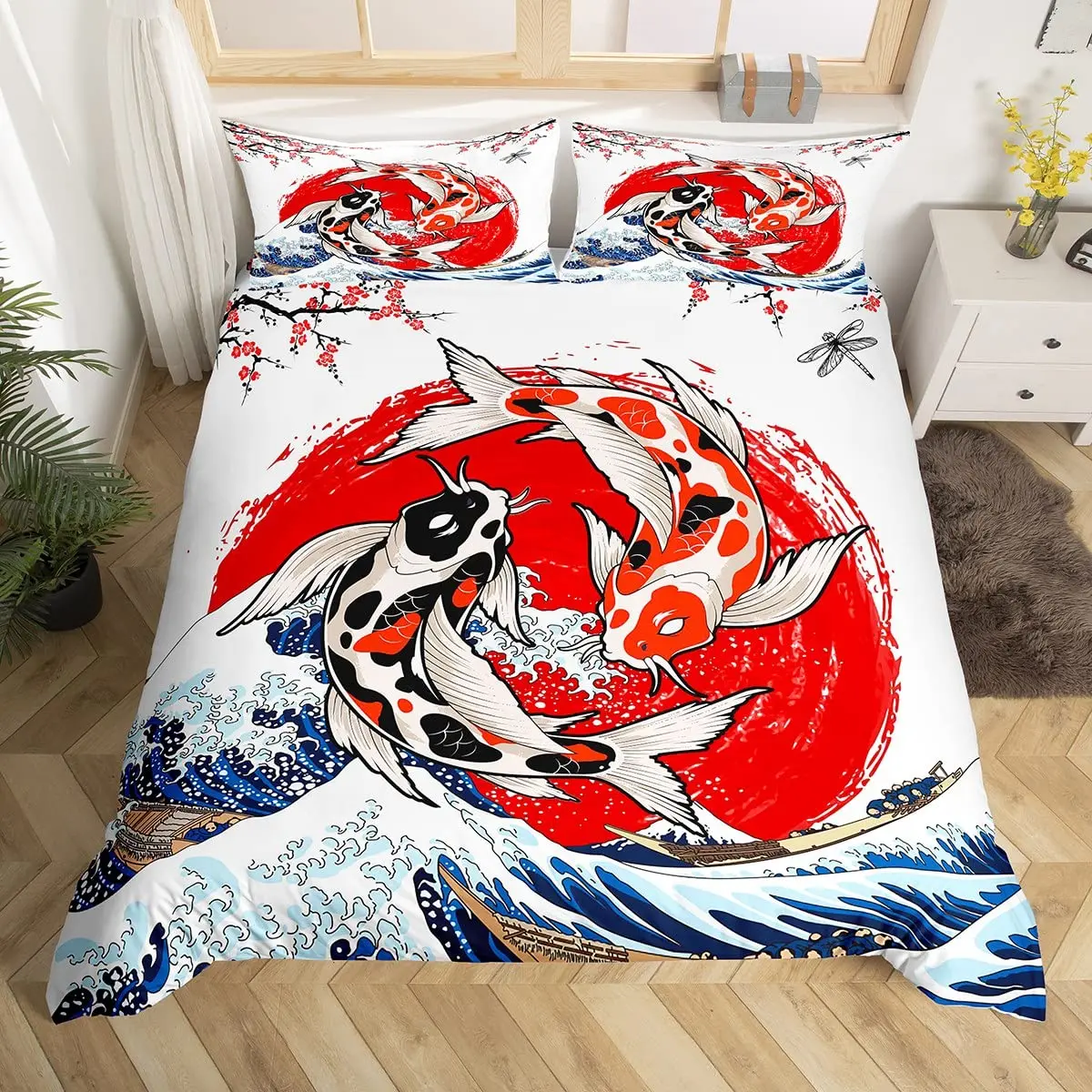 Imagem -04 - Koi Fish Duvet Cover Grupo Decoração Estilo Pintura Japonesa Conjunto de Cama de Peças com Travesseiros Queen Full Size Preto e Branco