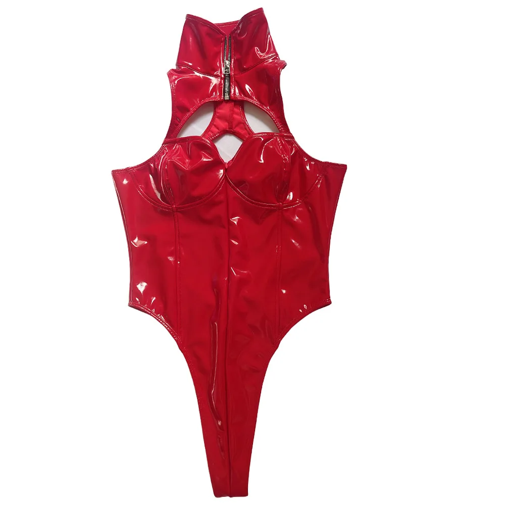 

PVC Latex Faux Leather Bodysuit Chest Three-Dimensional Splicing Clothe Shiny High Cut Hollow Out Backless Sexy T-Crotch Leotard