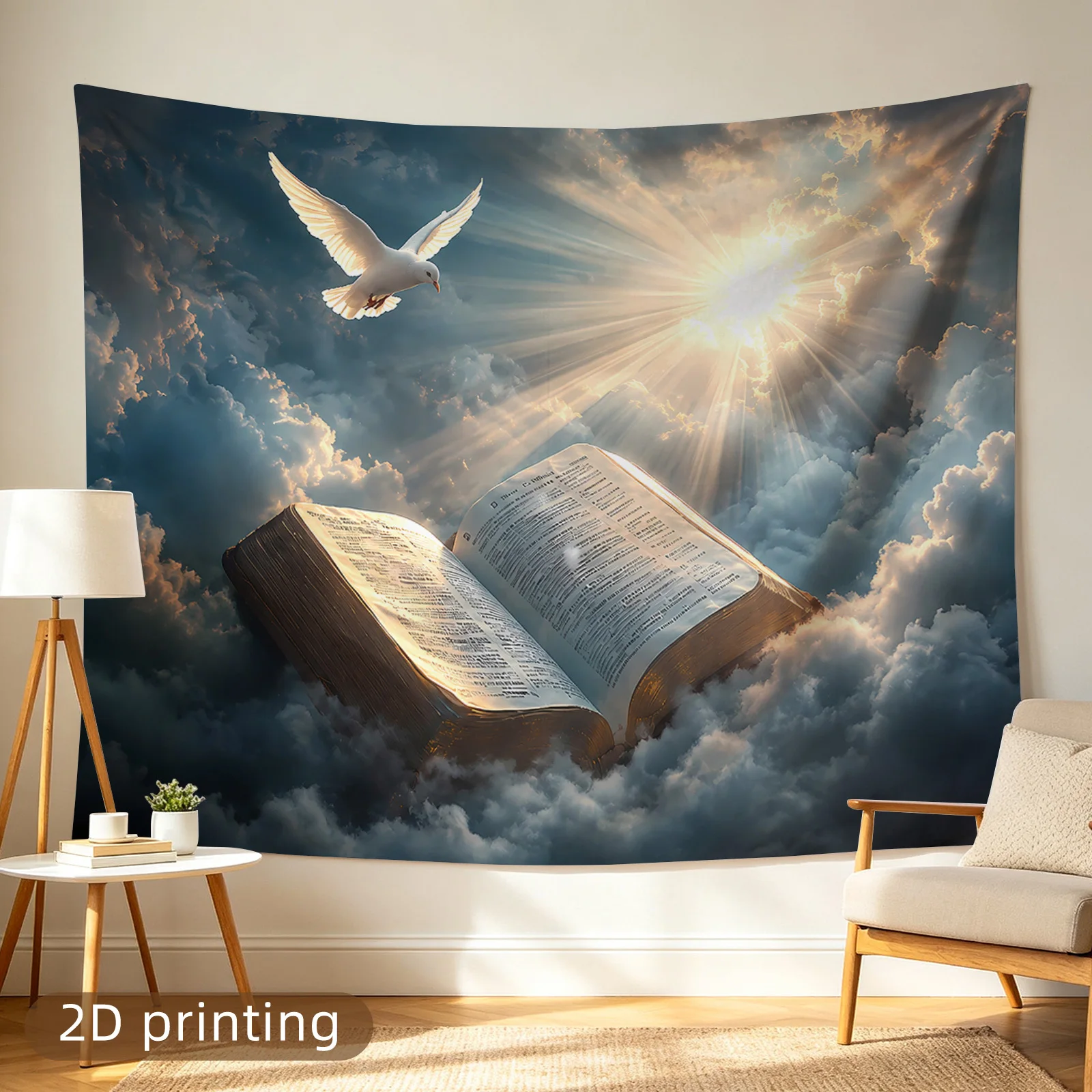 Inspirational Tapestry Wall Art Large Open Book Dove Enlightenment Divine Sunlight Spiritual Scripture Decor Hanging for Living