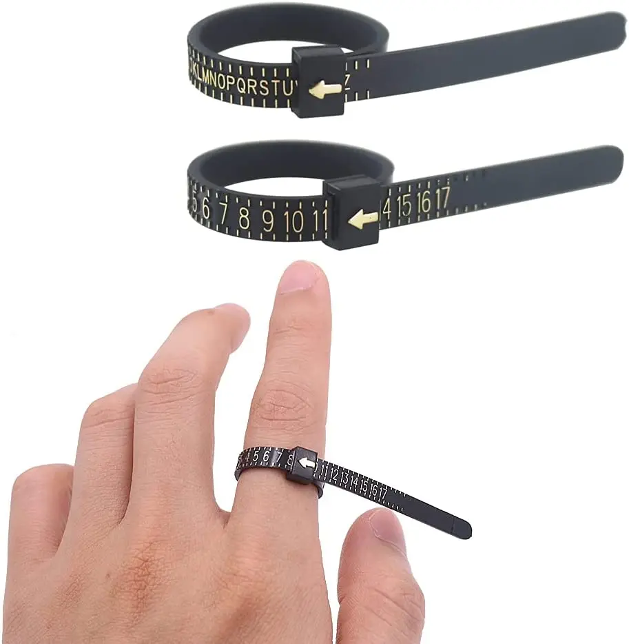 2Pcs Black US UK Ring Sizer Measuring Tool Plastic Reusable Finger Size Gauge Measure Belt for Measuring Wedding Rings