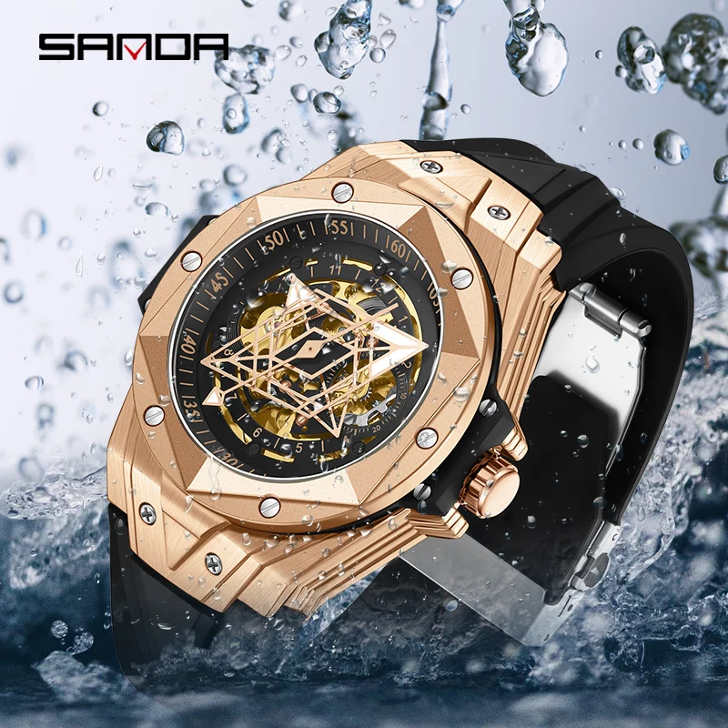 SANDA Luxury Watches For Men Automatic Mechanical Watch 30M Waterproof Rubber Strap Male Wristwatch Hollow out design dial