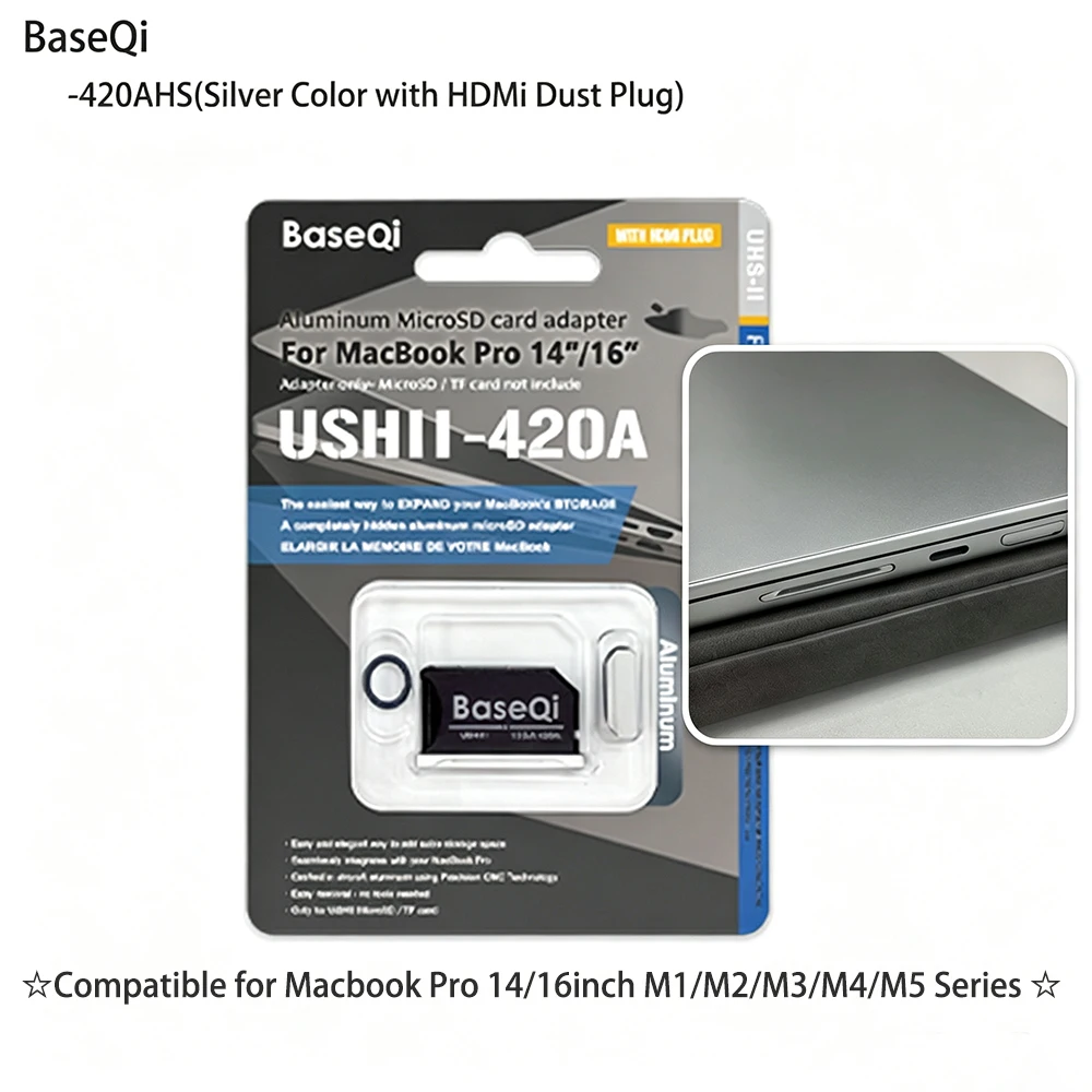BaseQi For MacBook Pro14inch 16inch Year2021-2026  Aluminum MicroSD Card Adapter 420AHS Silver Color Reader with HDMi Dust Plug