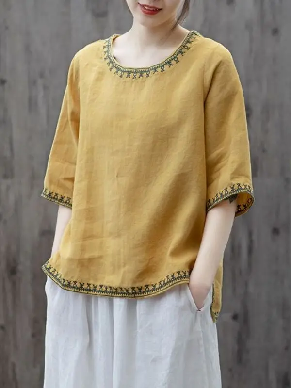 Retro Cotton Linen  Color Embroidered round Neck Five Sleeve T Shirt Summer Loose Women's Top Korean Style Commute Fashion