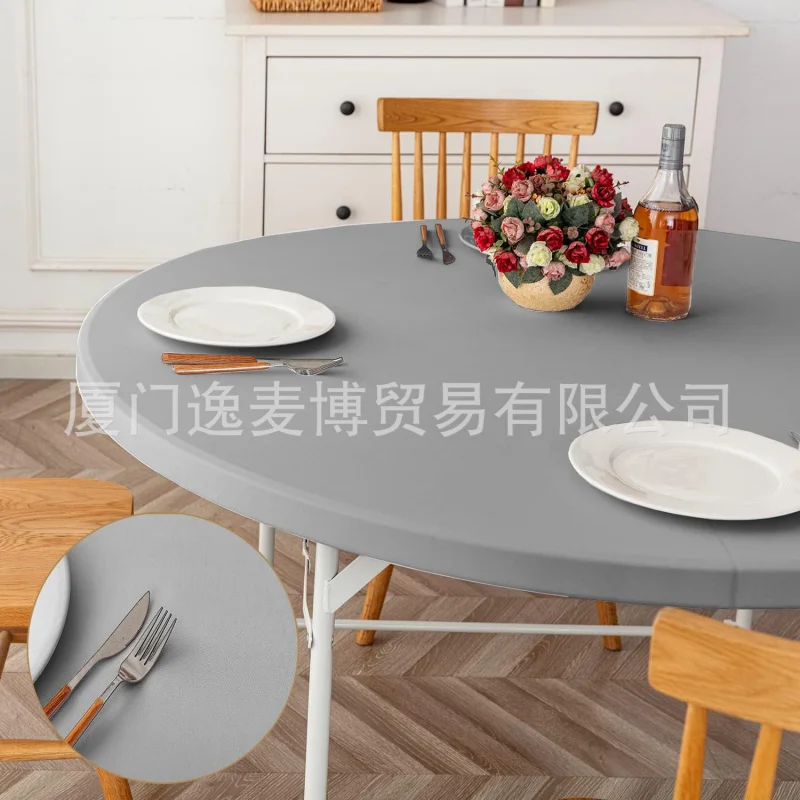 Cross-BorderPVCRound Tablecloth Solid Color Waterproof Oil-Proof Fleece-lined Thickening Print Plastic Tablecloth Elastic Band T