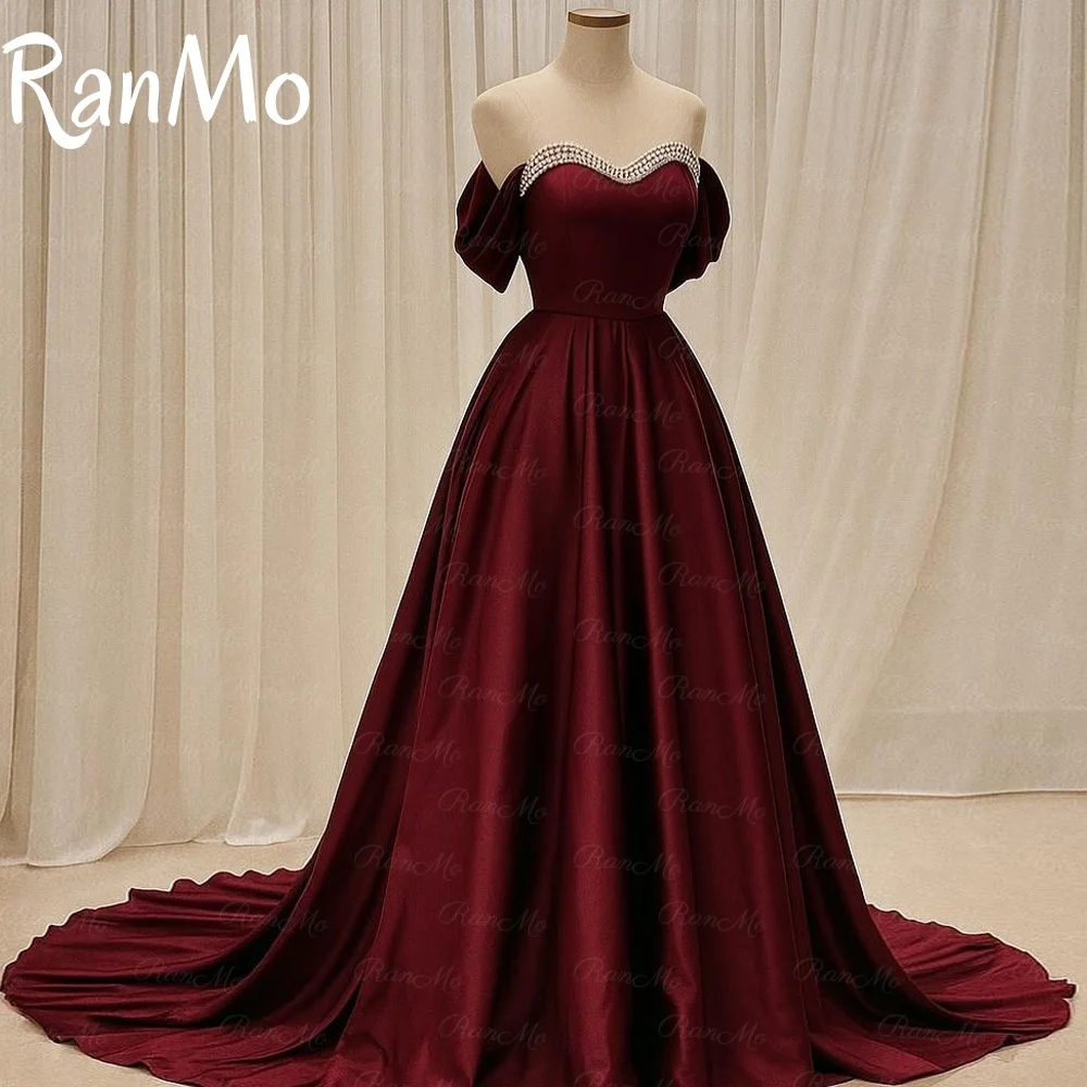 Ranmo Evening Dresses 2025 Satin Formal Party Dresses Off Shoulder A Line Prom Dress شارون سعيد فساتين سهره