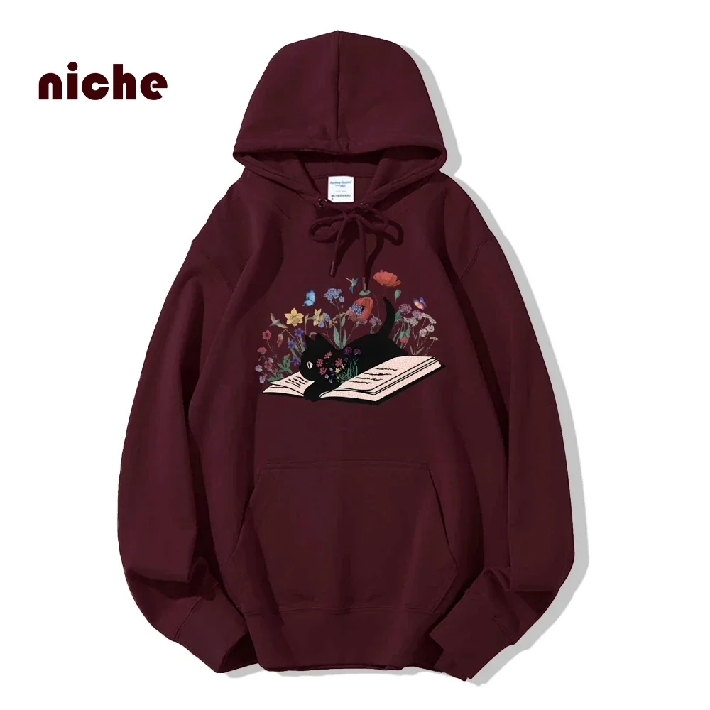 Cartoon Fashion Hooded Sweater Cute Kitten Book Print Loose Shoulder Cotton Designer New Retro Hoodie Sweatshirt