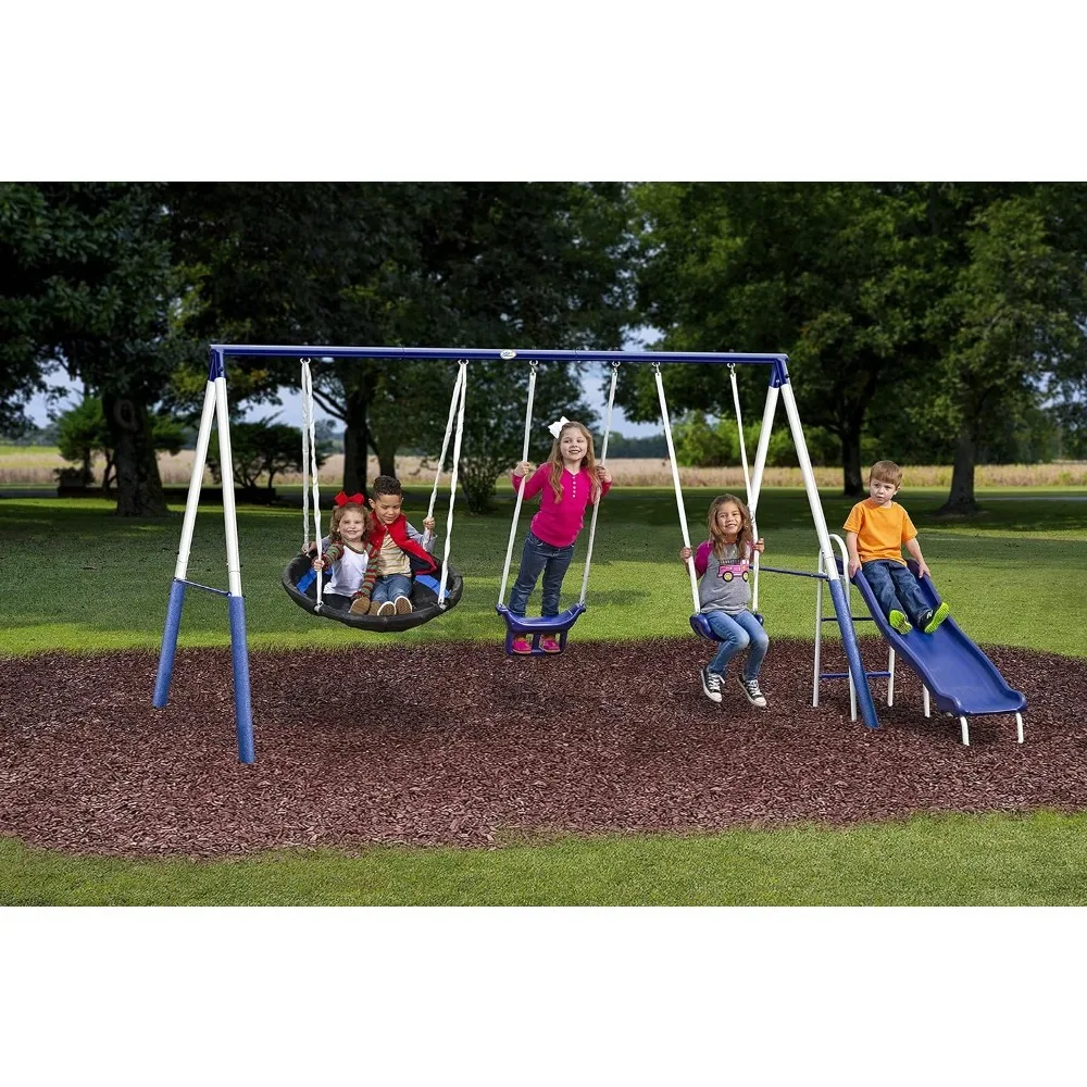 Swingin' More Fun - Outdoor Backyard Playground Kids Swing Set. White/Blue