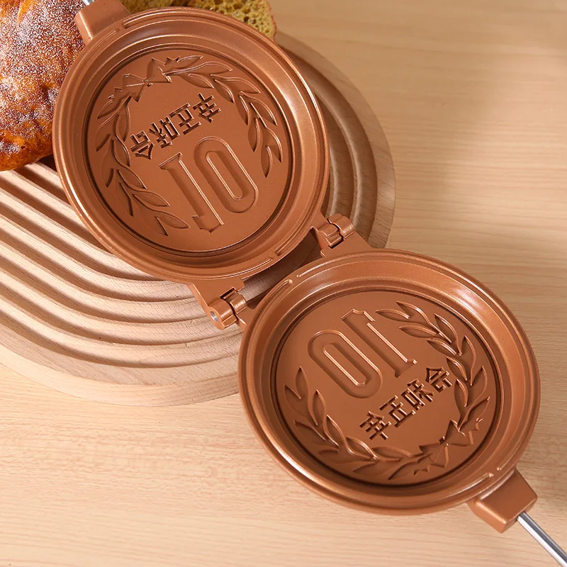 Japanese Coin Shaped Pancake Double Pan Wooden Handle Non-Stick Aluminum Sandwich Waffle Baking Tray Home Cooking Party Dessert