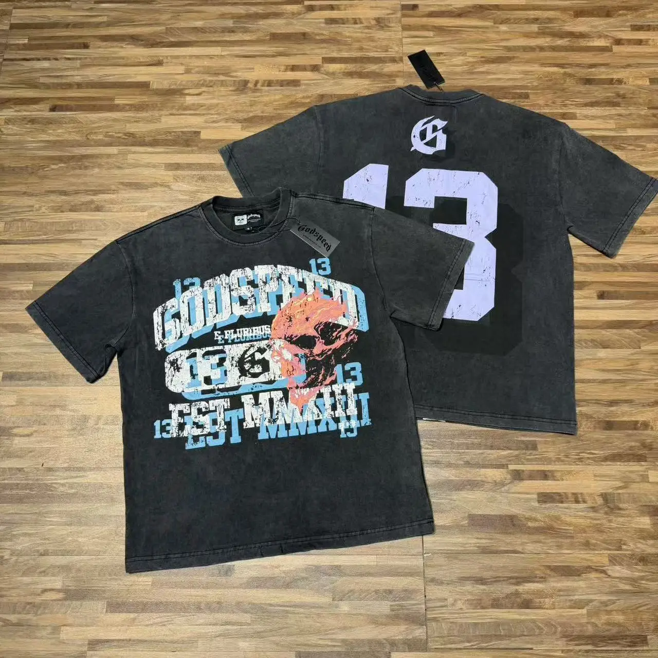 Godspeed Retro Skull Letter Print Cotton Short Sleeve T-Shirt Washed out Style Loose Fit Youthful Trend Street Style City Walk