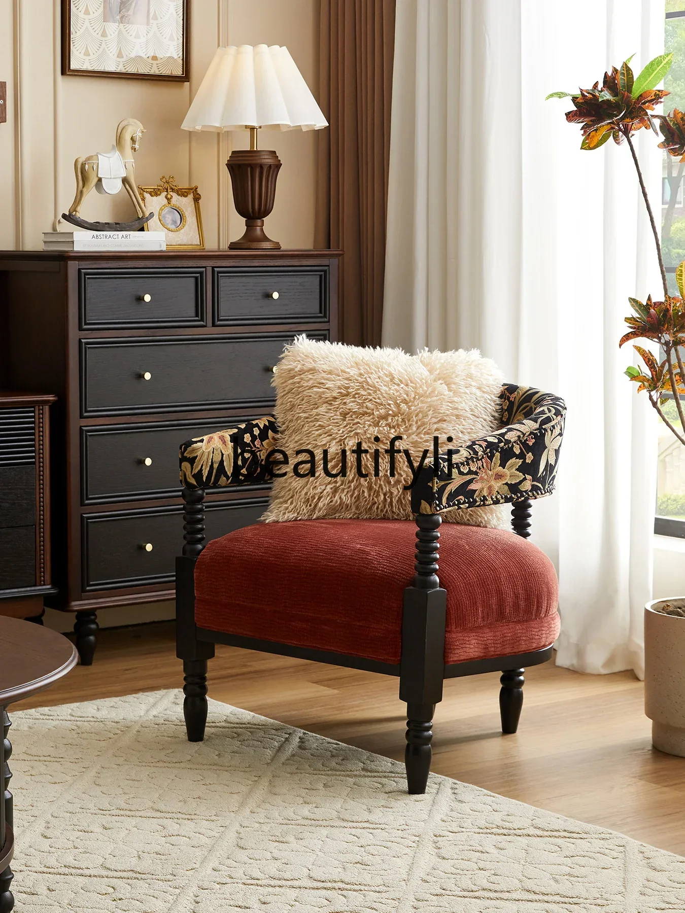 

French retro solid wood single sofa chair small apartment medieval living room balcony bedroom fabric red leisure chair