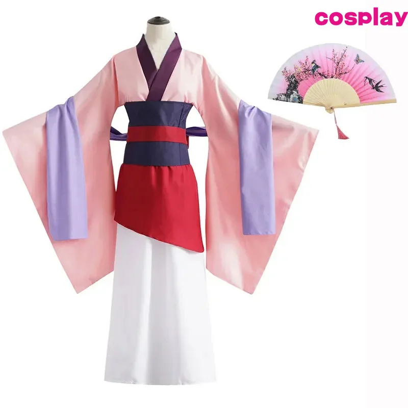 النساء المسنات الفتيات هوا مولان تأثيري فستان المرأة فستان التقاليد مروحة قابلة للطي الوردي كيمونو فستان طويل أنيمي زي D #1