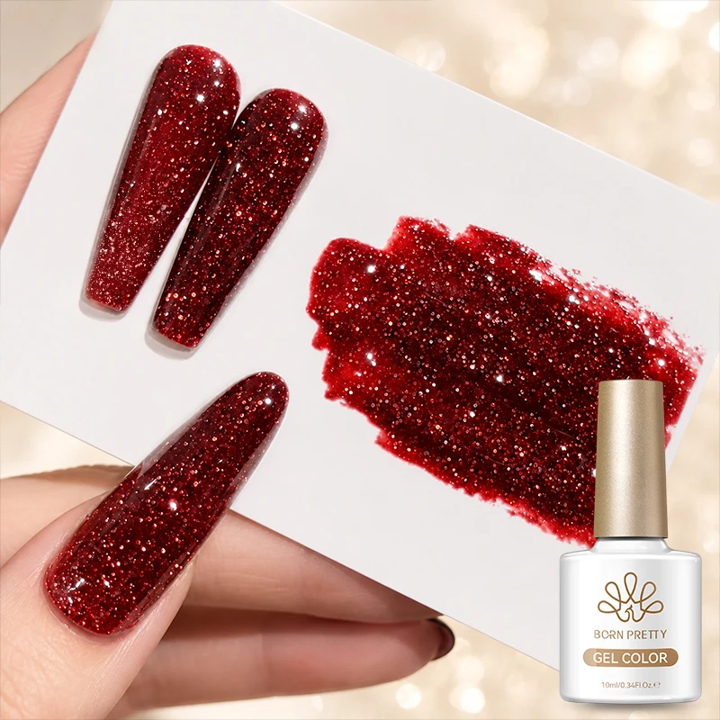 BORN PRETTY 10ml Gel à Paillettes Réfléchissantes Rouge Vin Effet Scintillant Semi-Permanent Vernis à Ongles UV LED Soak Off Manucure