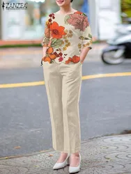 ZANZEA Fashion Office Work Suit Summer Women Matching Sets Short Sleeve Floral Blouse Casual Pant Sets 2PCS Elegant Tracksuits