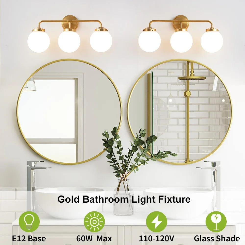 FSS Gold Bathroom Vanity Light Fixtures Over Mirror Modern Brass 3 Lights Wall Sconce with Milky Glass Ball Shade