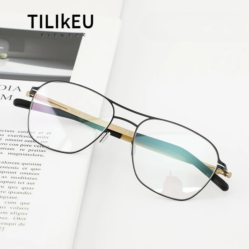 

German Brand Designer Double Beam Myopia Glasses Frame Men Ultra-light Thin Steel Retro Oval Screwless Comfort Eyeglasses Women