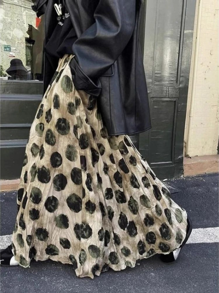 Elegant Green Dot Skirt Women Vintage High Waisted Holiday Beach Skirt A Line Skinny Print Tie Dye Pretty Style Skirt