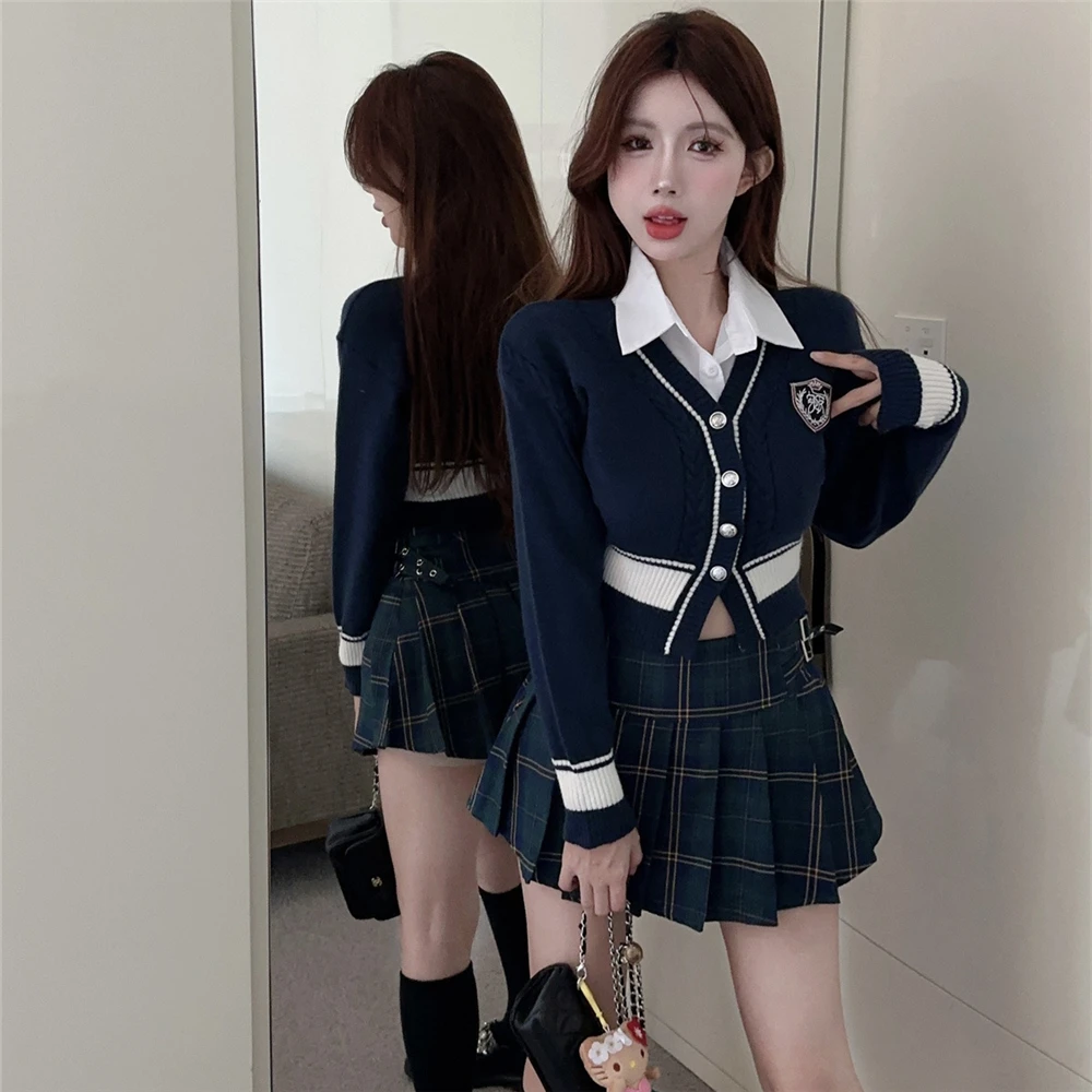 Lente 2024 Vrouwen Preppy Stijl Jk Uniform Set Meisjes Slank Sexy Korte Gebreide Top Zwartgroen Geruite Geplooide Rok Pak Koreaans