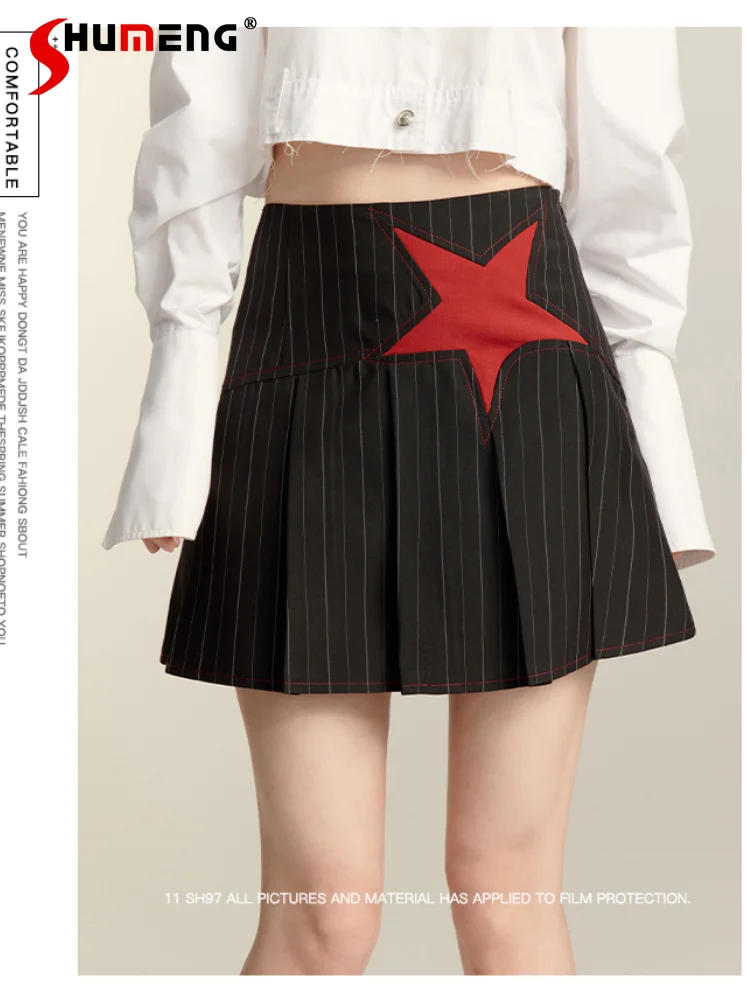 

Street Punk Fashion All-match Casual Y2K Skirt Star Splicing High Waist A-line Vertical Stripe Pleated Short Skirt Women Summer