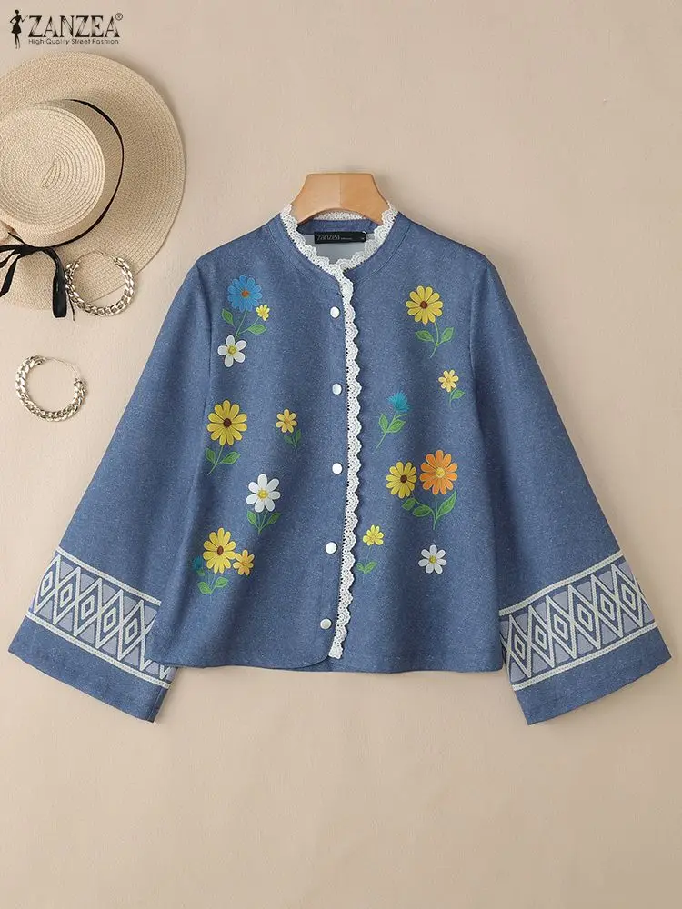 

ZANZEA винтажные женские рубашки с этническим принтом, элегантные топы с кружевной отделкой и круглым вырезом, длинными рукавами-колокольчиками, топы с цветочным принтом на пуговицах, осень 2025, новая одежда