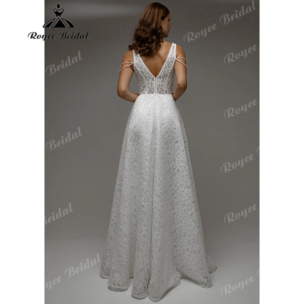 2027 Roycebridal Square Neck A Line Wedding Dress Pearl Chain Strap Lace Bridal Gown Sheer Corset Bodice Sweep Train Customized