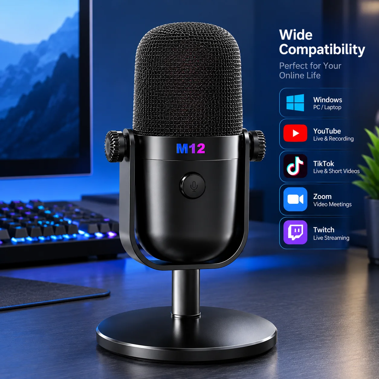  USB Condenser Microphone with Cardioid Pickup, 48kHz/16-bit Recording for PC Gaming, Streaming, Podcast and Online Meetings
