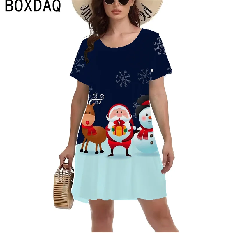 Fun Santa Claus Print Dress Women New Year Party Mini Dress Big Size O-Neck Short Sleeve Casual A-Line Dress Vestidos De Mujer