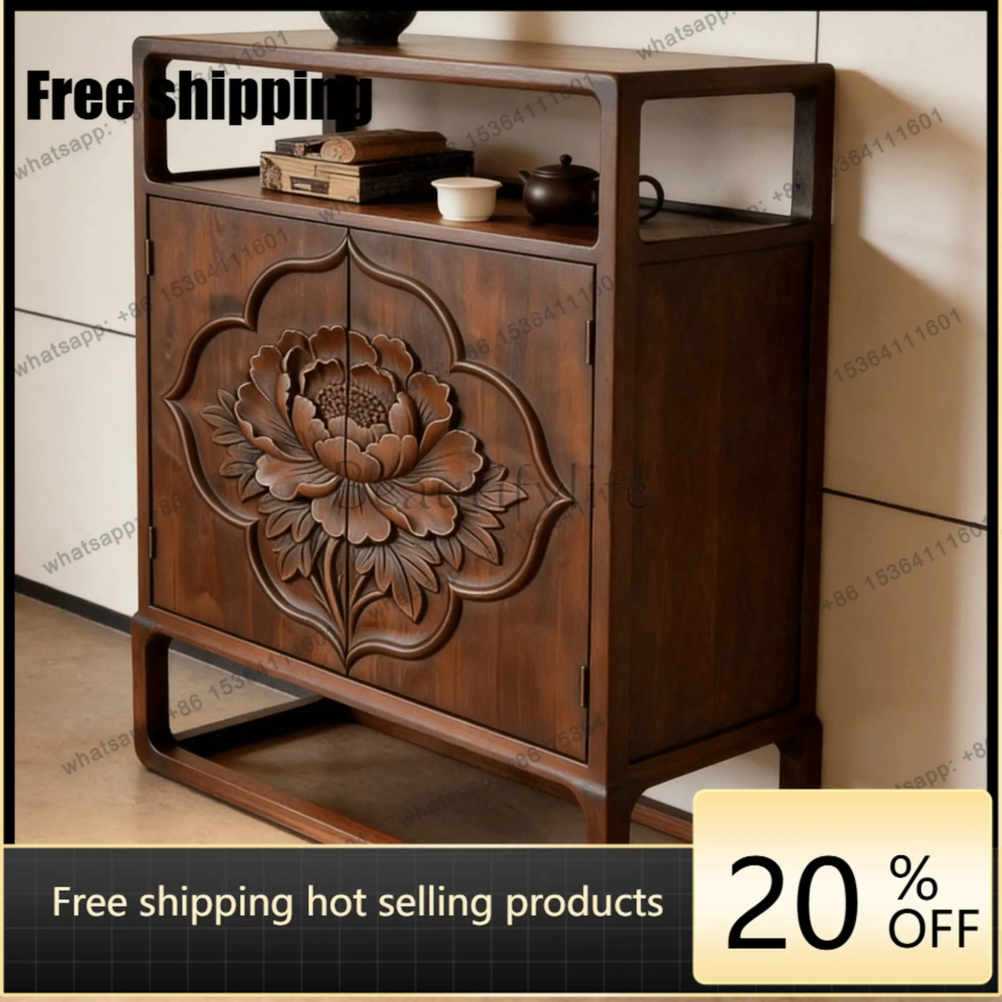 YJ 2026 New Chinese Carved Black Walnut Solid Wood Sideboard Custom Entryway Storage Cabinet