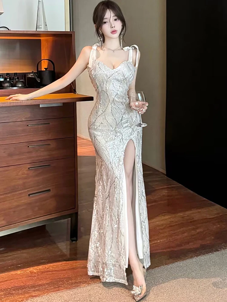 

Новое женское элегантное длинное платье с пайетками и сетчатыми вставками, с бантом, на бретельках, весна-лето, корейский стиль, облегающее, для фестивалей, 2026