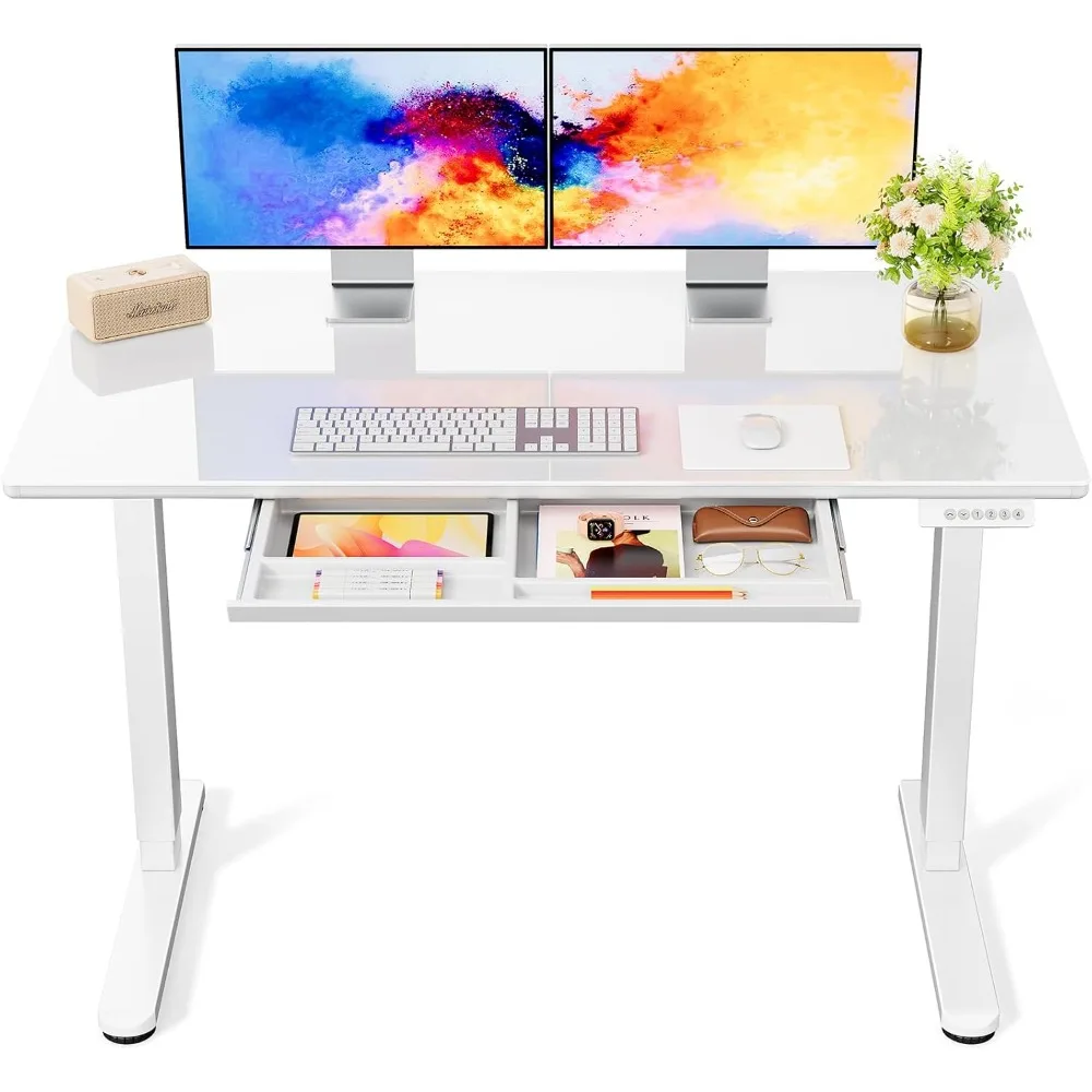 

Glass Electric Standing Desk with Drawer, 48 x 24 Inches Height-Adjustable Desk, One-Piece Tempered Glass Top, Ergonomic