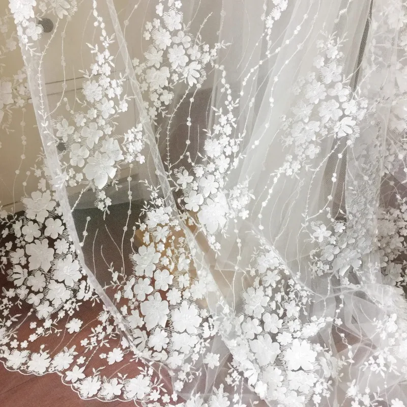 Elegant Lace Fabric Adorned with 3D Laser Flower and Translucent Sequins for Bridal Dress Accent By The Yard