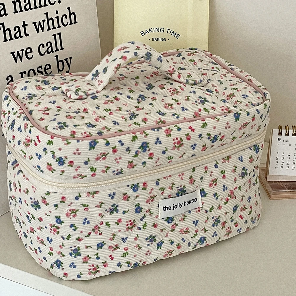 Floral Corduroy Toiletry Bag with Zipper Makeup Organizer Storage Bag Cute Cosmetic Organizer Case for Women Girls