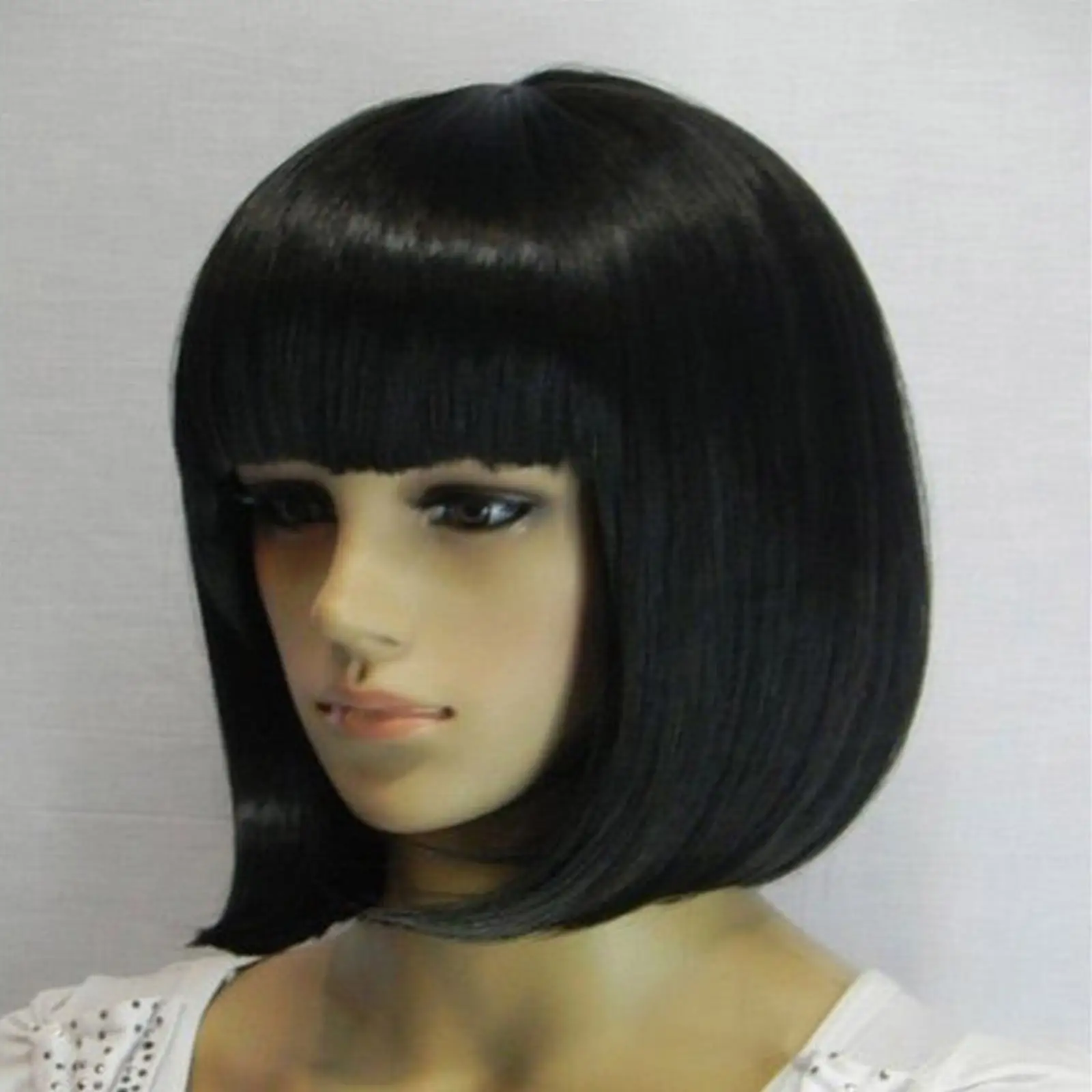 Short Hair Fei-Show Synthetic Heat Resistant Fiber Black Bob Wig With Flat Bangs Modern Show Cosplay Halloween Carnival Wigs