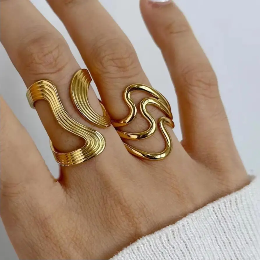 Stainless Steel Irregular Wave Rings for Women Men Creative Gold Color Adjustable Opening Rings Female Statement Jewelry Gifts