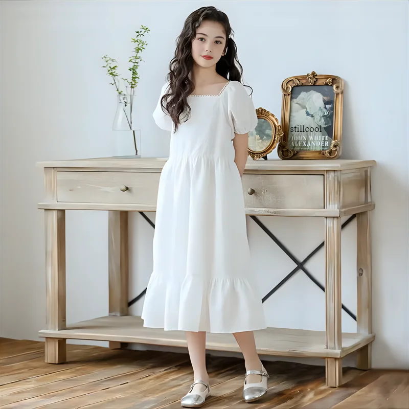 School Girls Dress Summer Casual Daily Embossed Dress 2026 Teenage Kids White Princess Dress Square Neck 4-14 Year Child Clothes