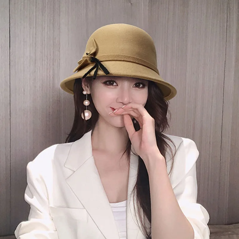 2022 Autumn Winter Fedoras Women Hat Elegant Vintage Bowknot Wool Ladies Hat Dome Felt Wedding Church Jazz Cap Female Bow Bowler