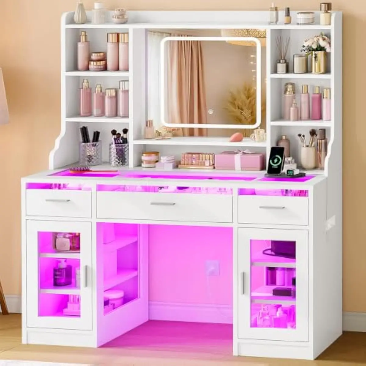 Modern Vanity Desk Featuring Tempered Glass Top, RGB Illuminated Drawers & Cabinets, Integrated Power Socket, Adjustable LED Mir