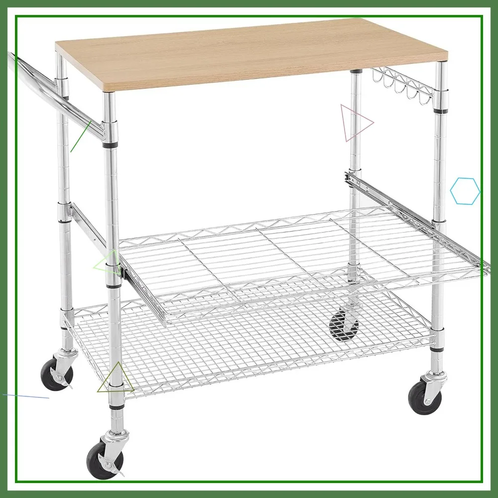 

Трехуровневая кухонная тележка на колесиках с деревянной столешницей, выдвижной полкой, для микроволновки и кофе, 35.4" Д*18.1" Ш*31.9" В