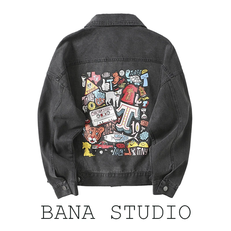 

BANA весенний джинсовый принт с мультяшным принтом, женский уличный воротник большого размера на пуговицах, свободная верхняя одежда