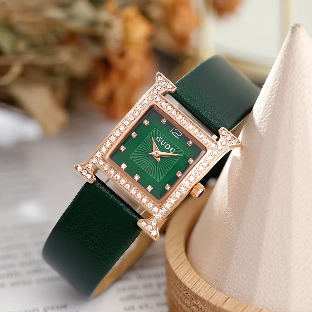 Fashion Guou Higth Quality Luxury Women\'s Genuine Leather Ladies Watch Rhinestone Square Watch Girls Female Quartz Wristwatches